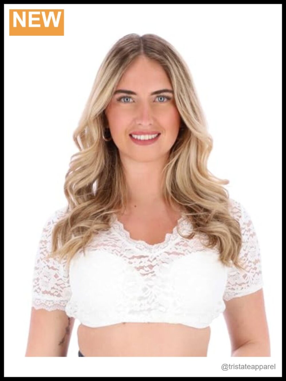 Women's V-Neck Short Sleeve Dirndl Blouse Lace Trim Stretch